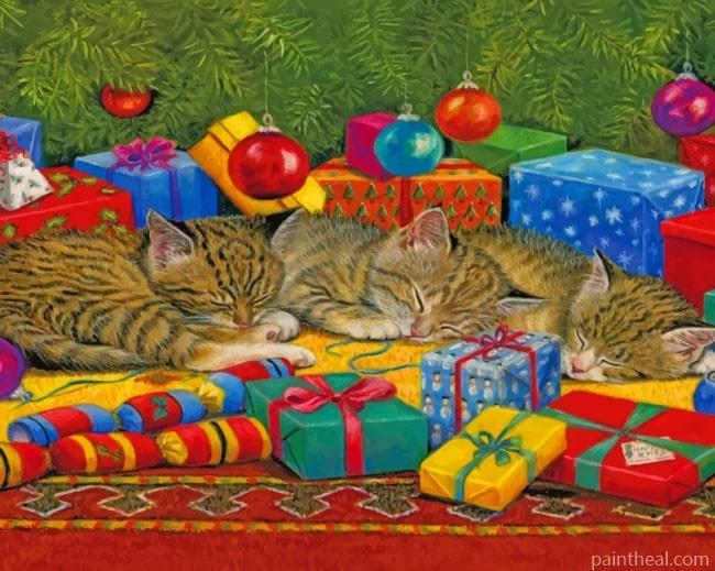 Cats Laying Near Christmas Gifts Painting By Numbers Kits