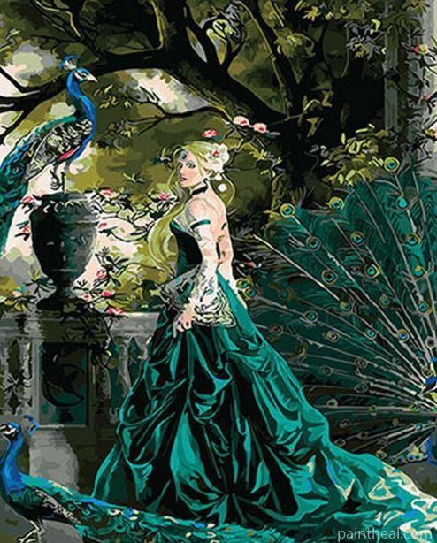 Lady In Green Dress And Peacock Painting By Numbers Kits