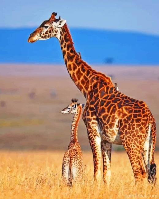 Mommy And Baby Giraffe In Savanna Painting By Numbers Kits