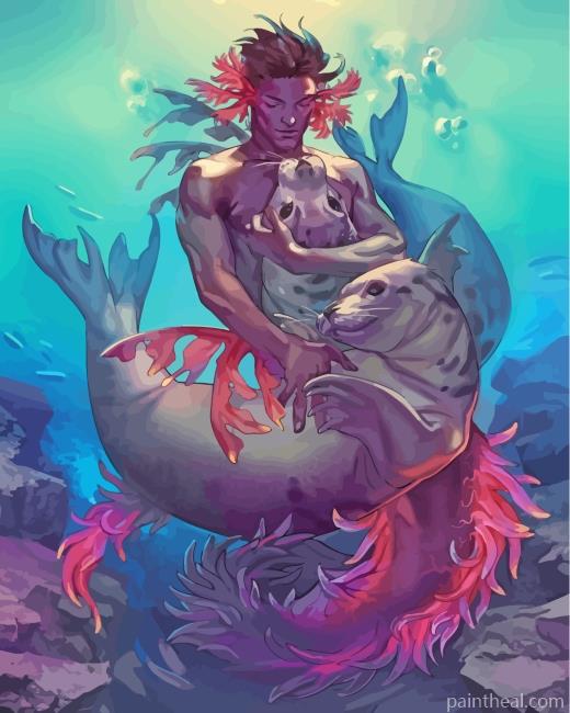 Black Merman And Seals Painting By Numbers Kits