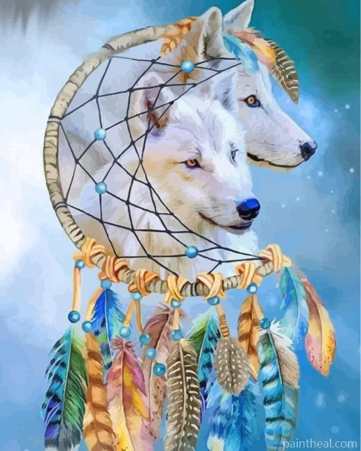 White Wolves With Dream Catcher Painting By Numbers Kits