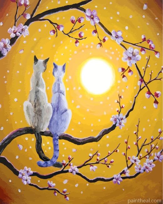 Siamese Cats Nestled In Golden Sakura Painting By Numbers Kits