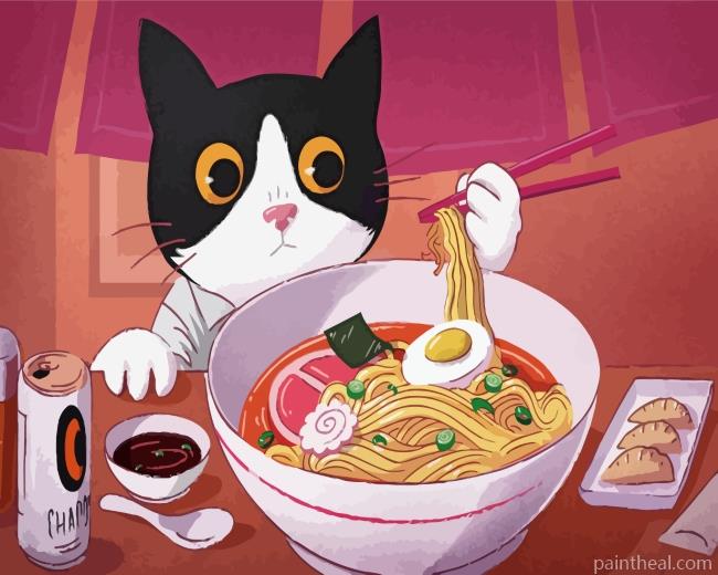 Cute Cat Eating Noodles Painting By Numbers Kits