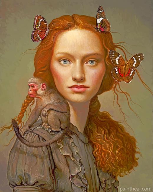 Girl With Butterflies And Monkey Painting By Numbers Kits