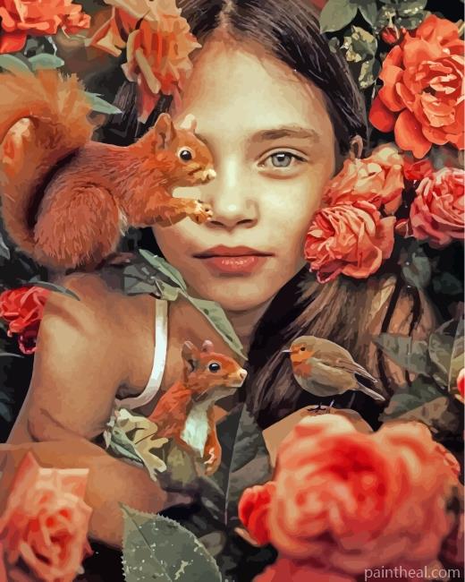 Cute Girl And Squirrels Painting By Numbers Kits