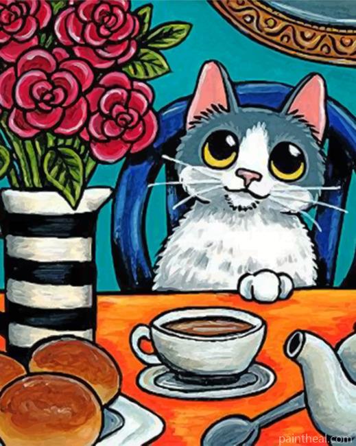 Kitty Having Breakfast Painting By Numbers Kits