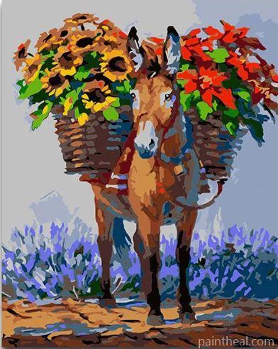 Donkey carrying flowers Animals Painting By Numbers Kits