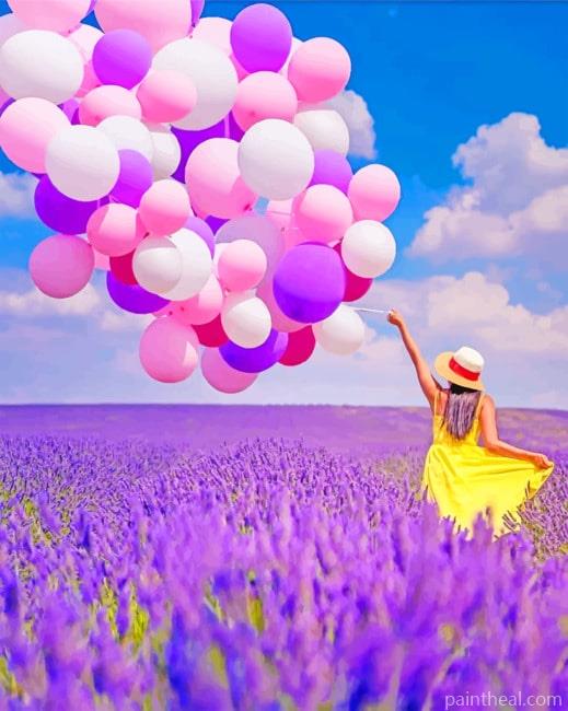 Girl Holding Balloons In Lavender Field Painting By Numbers Kits