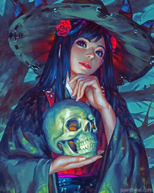 Anime Girl Holding A Skull Painting By Numbers Kits