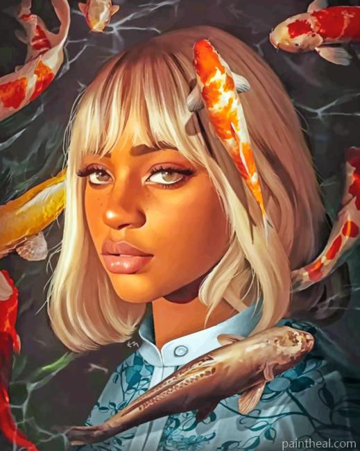 Black Girl And Koi Fishes Painting By Numbers Kits