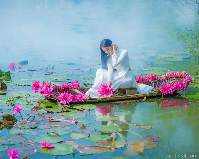 Asian Woman On A Boat Painting By Numbers Kits