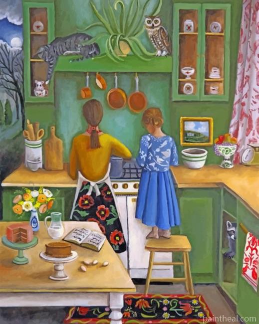 Girl Helping Her Mother In The Kitchen Painting By Numbers Kits