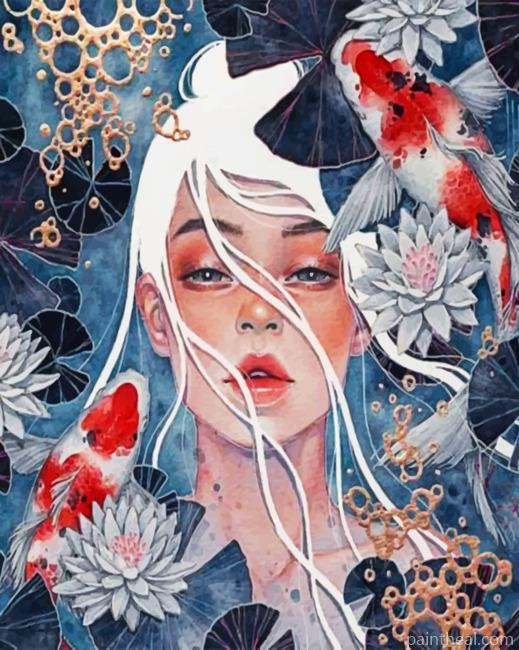 Lotus Girl And Koi Fishes Painting By Numbers Kits
