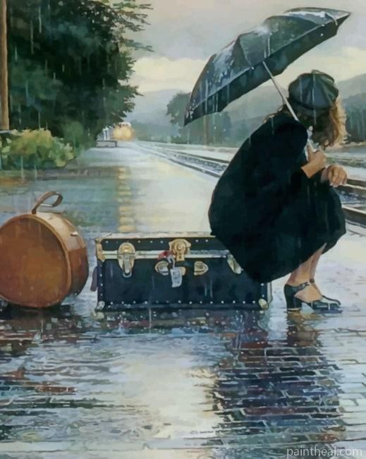 Woman Waiting For The Train In A Rainy Day Painting By Numbers Kits