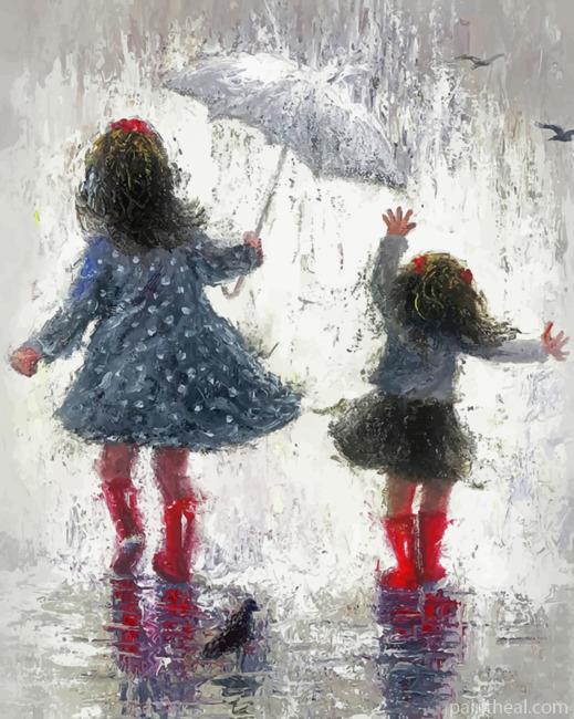Happy Sisters On A Rainy Day Painting By Numbers Kits