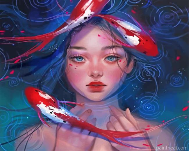 Asian Girl And Koi Fish Painting By Numbers Kits