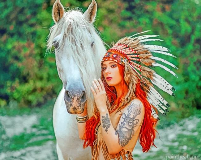 Indian Woman With Horse Painting By Numbers Kits
