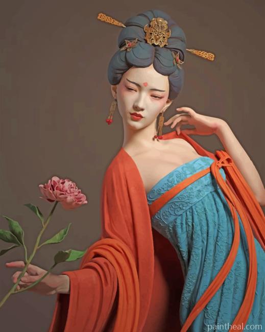 Asian Woman Holding A Flower Painting By Numbers Kits