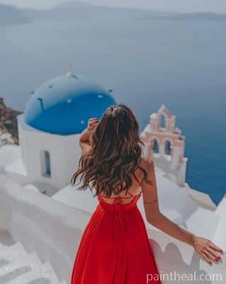 Lady Enjoying Santorini Greece – 5D Diamond Painting Painting By Numbers Kits