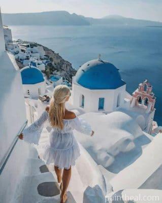 Blondy Girl In Santorini – 5D Diamond Painting Painting By Numbers Kits