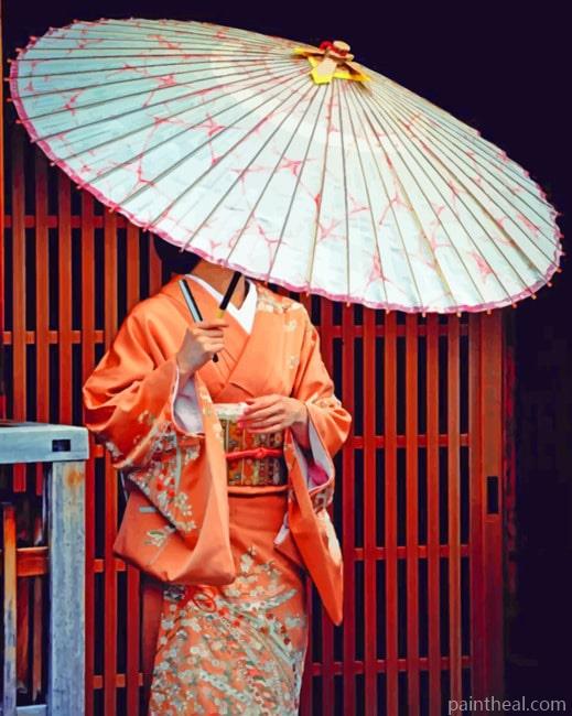 Asian Lady Under Umbrella Painting By Numbers Kits