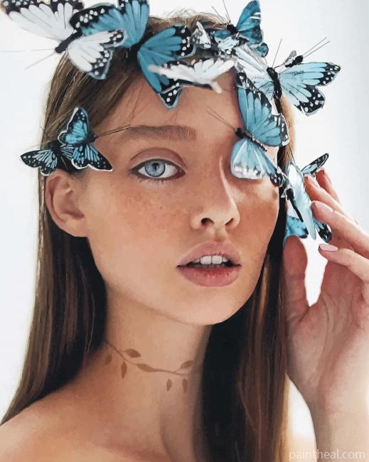Blue Butterflies On Girl Face Painting By Numbers Kits