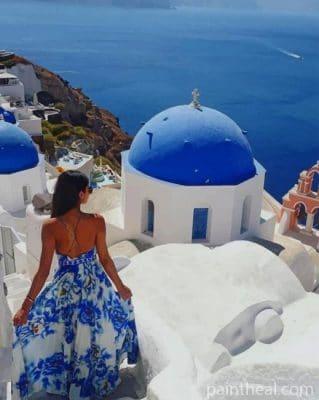 Woman Enjoying Santorini – 5D Diamond Painting Painting By Numbers Kits