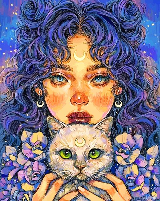 Moon Girl And Her Cat Painting By Numbers Kits