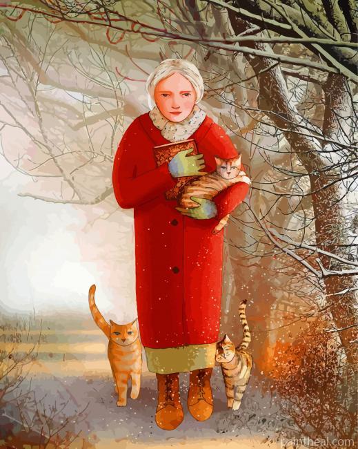 Old Woman And Her Kitties Painting By Numbers Kits