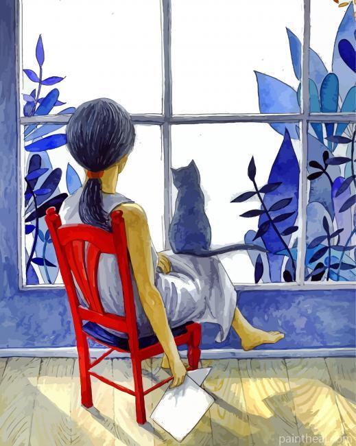 Girl And Cat By Window Painting By Numbers Kits