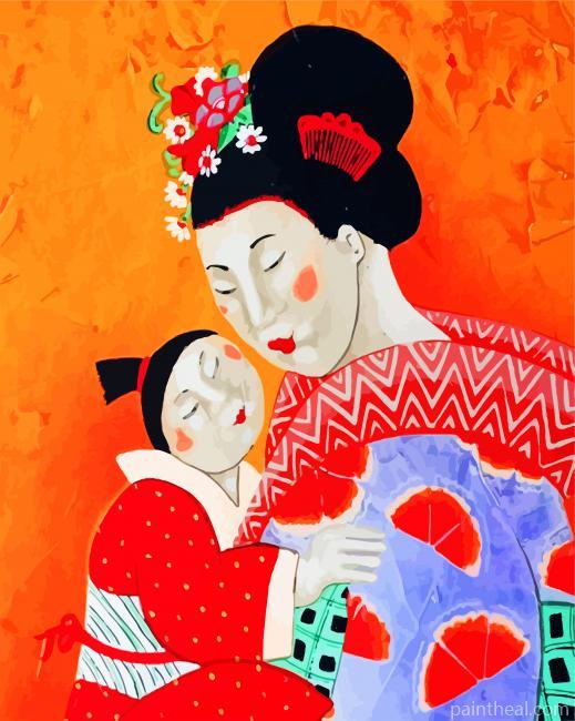 Japanese Woman And Kid Painting By Numbers Kits