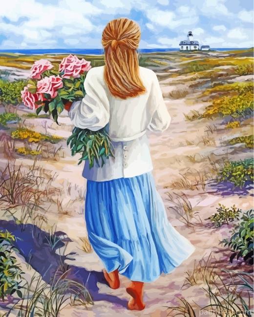 Soft Woman Holding Pink Flowers Painting By Numbers Kits