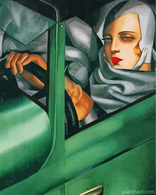 Woman Driving Green Bugatti Painting By Numbers Kits