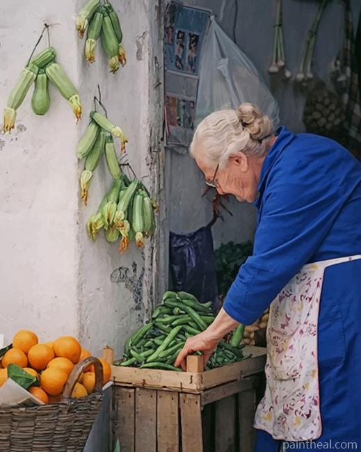 Old Woman Selling Fruits And Vegetables NEW Painting By Numbers Kits