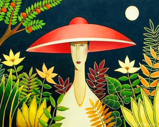 Asian Woman Wearing A Red Sunhat Painting By Numbers Kits