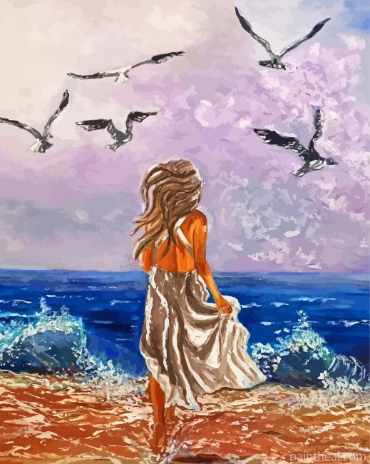 Woman In Beach With Seagulls Painting By Numbers Kits