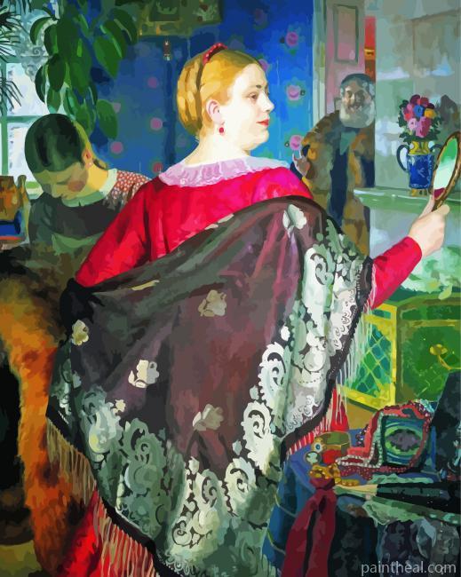 Merchants Woman With A Mirror By Boris Kustodiev Painting By Numbers Kits