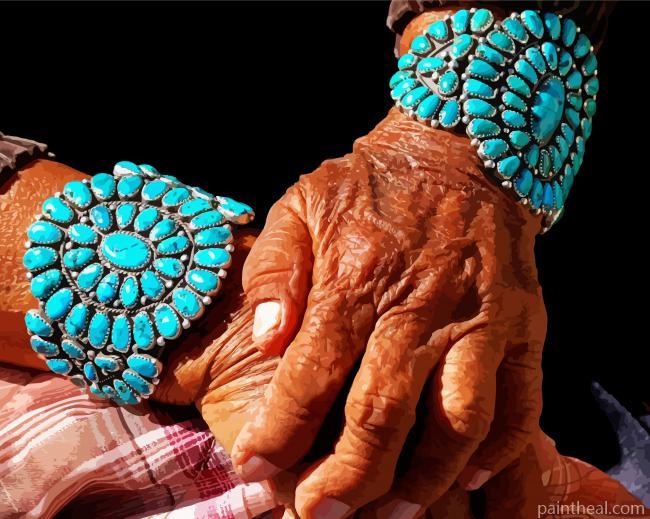 Old Woman Hands Wearing Jewelry Turquoise Painting By Numbers Kits
