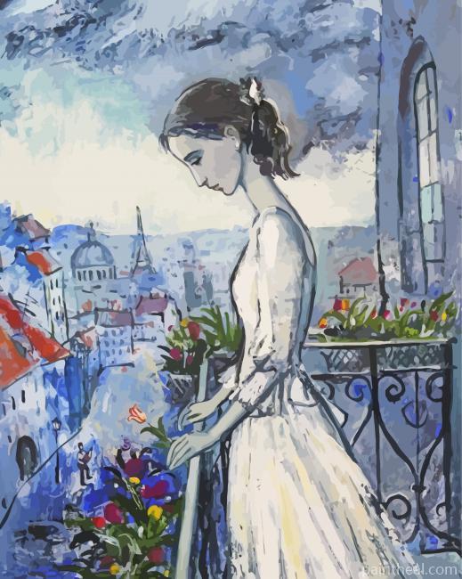 Aesthetic Lady In White On Balcony Painting By Numbers Kits