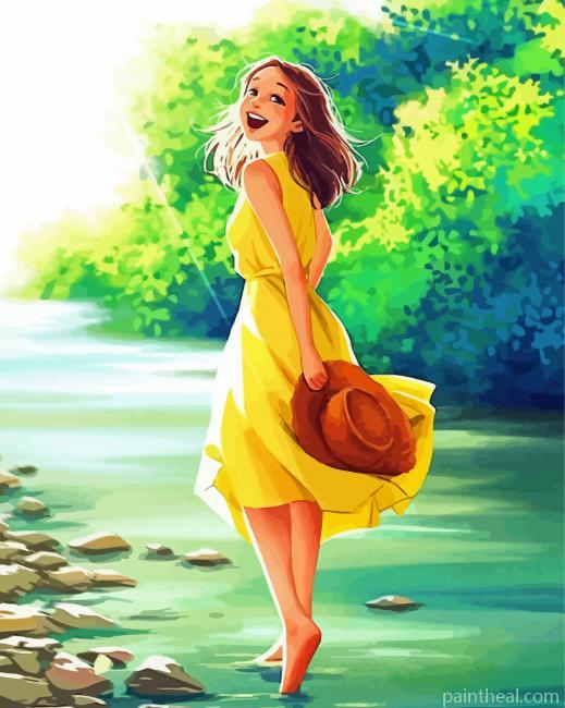 Happy Girl In Yellow Dress Painting By Numbers Kits