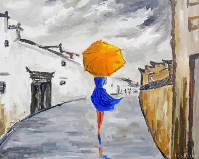 Lady With Yellow Umbrella And Blue Dress Painting By Numbers Kits