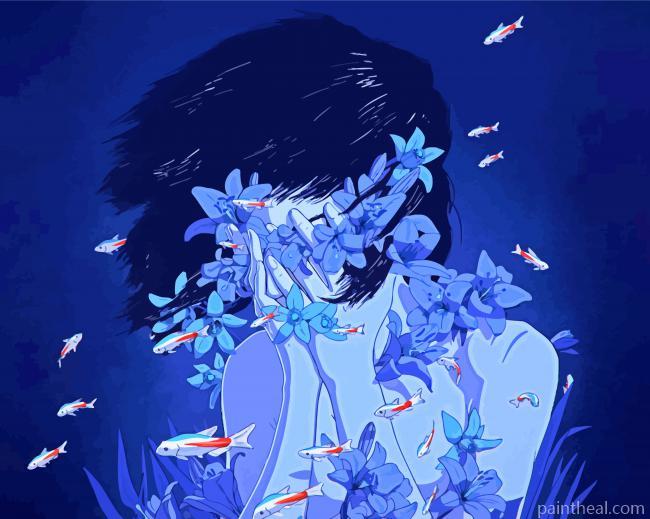 Blue Floral Girl Painting By Numbers Kits