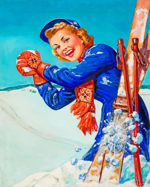 Retro Skiing Girl Painting By Numbers Kits