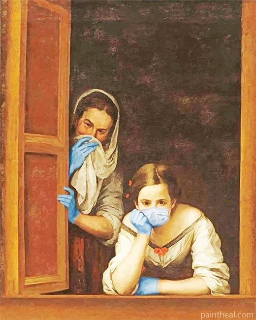 Two Women At Window Wearing Masks Painting By Numbers Kits