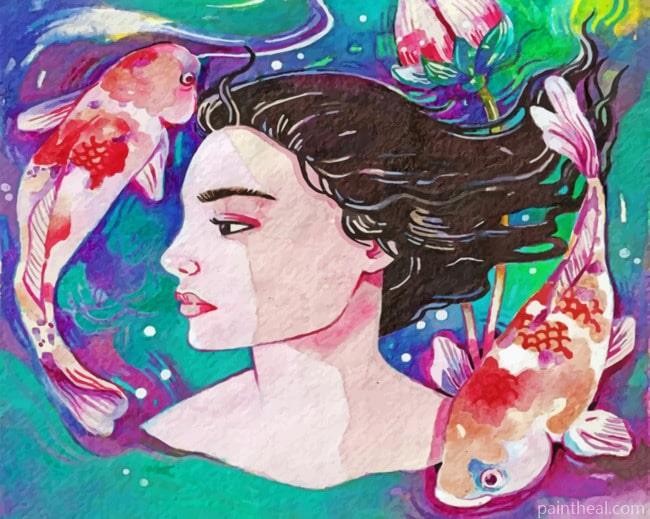 Woman And Koi Fishes Painting By Numbers Kits