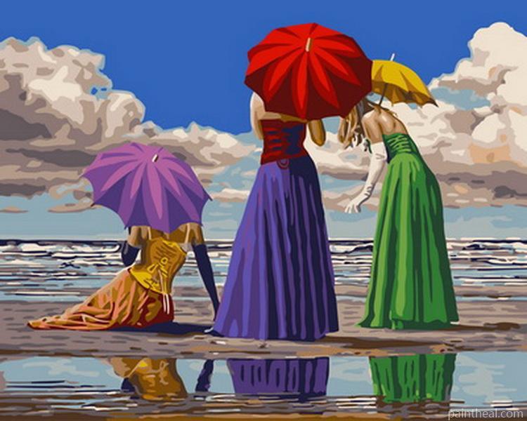 Women With Umbrellas In Beach Painting By Numbers Kits