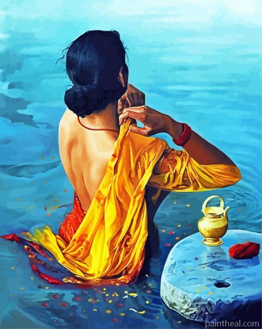 India Woman Bathing Painting By Numbers Kits