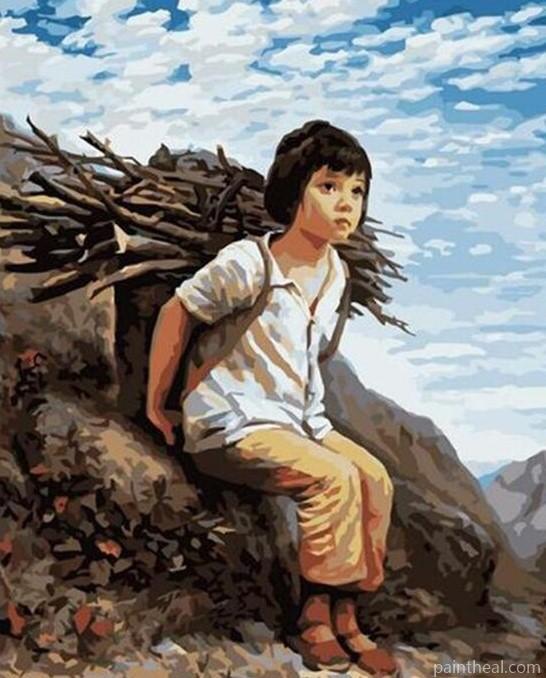 Little Girl Carrying Firewood Painting By Numbers Kits