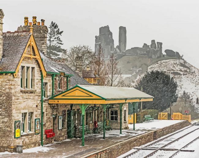 Corfe Castle in The Snow Painting By Numbers Kits