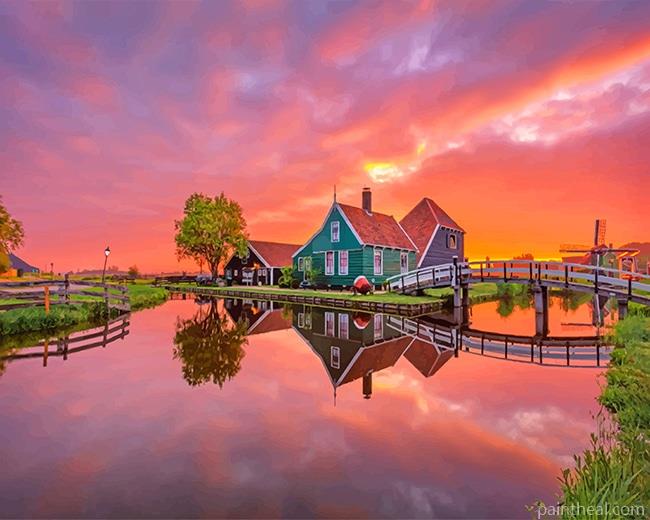 Cottage Reflection Sunset Painting By Numbers Kits